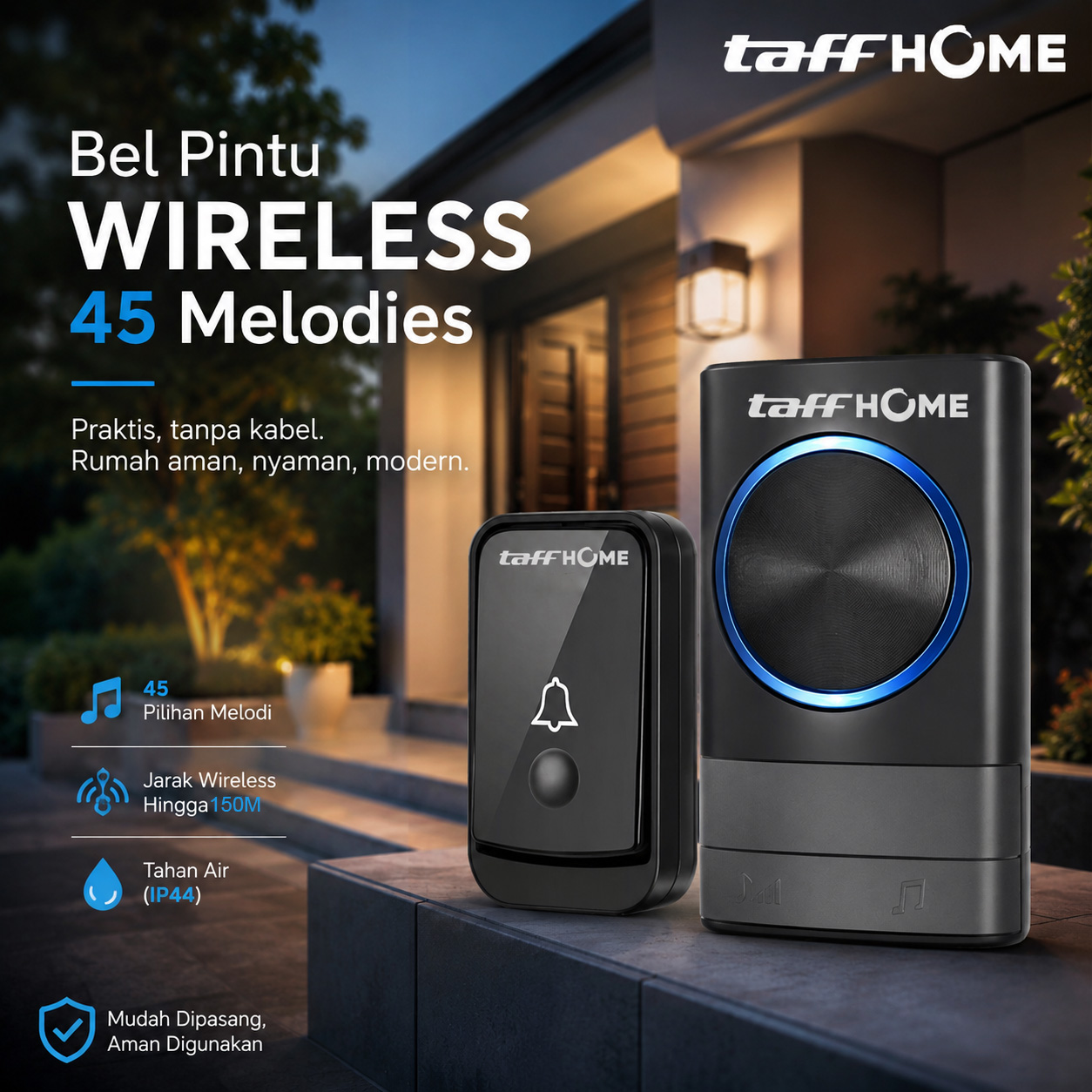 TaffHOME Bel Pintu Wireless Door Bell Waterproof EU Plug 45 Melodies - Q189