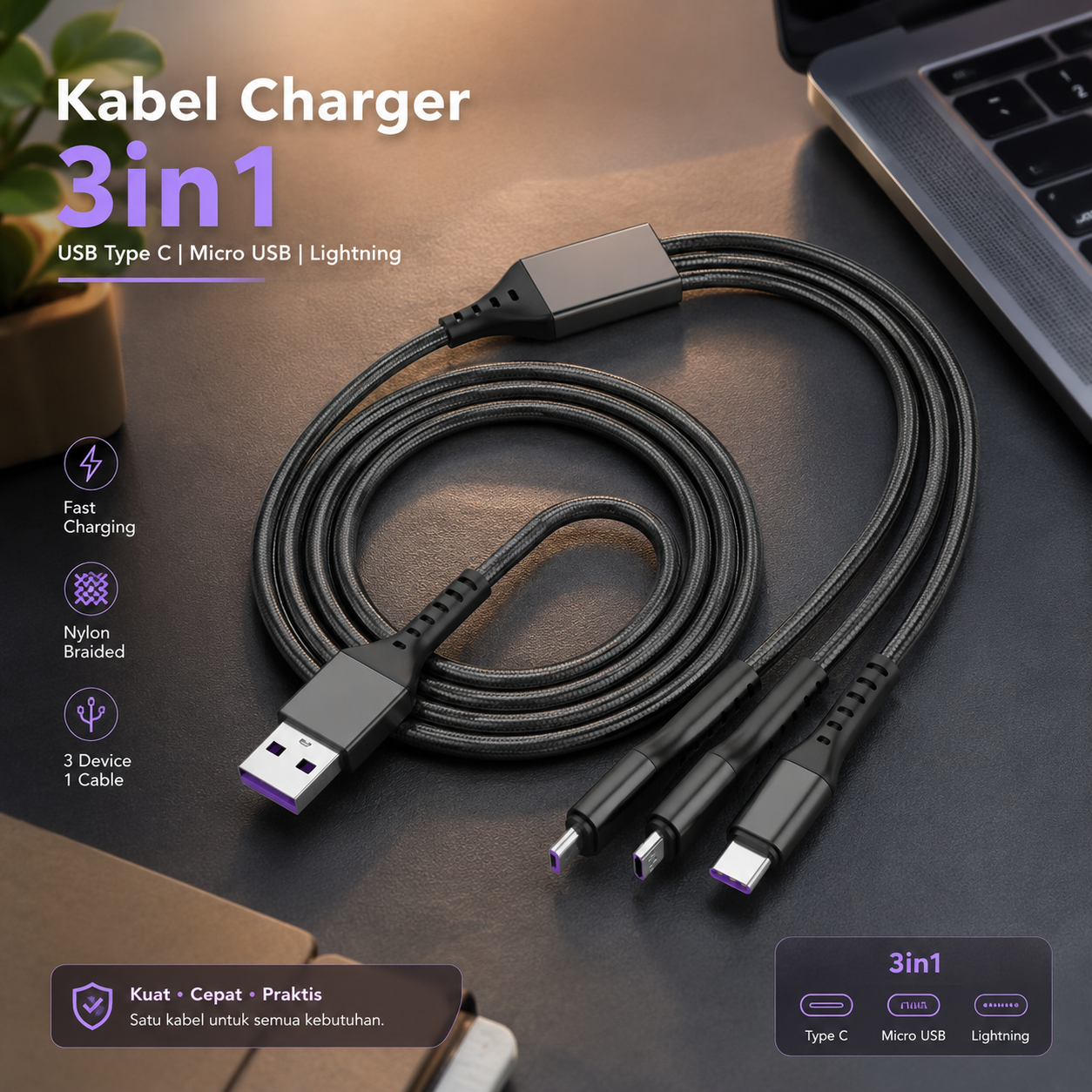 Jual TKEY Kabel Charger Data 3in1 USB Type C Micro Lightning 66W