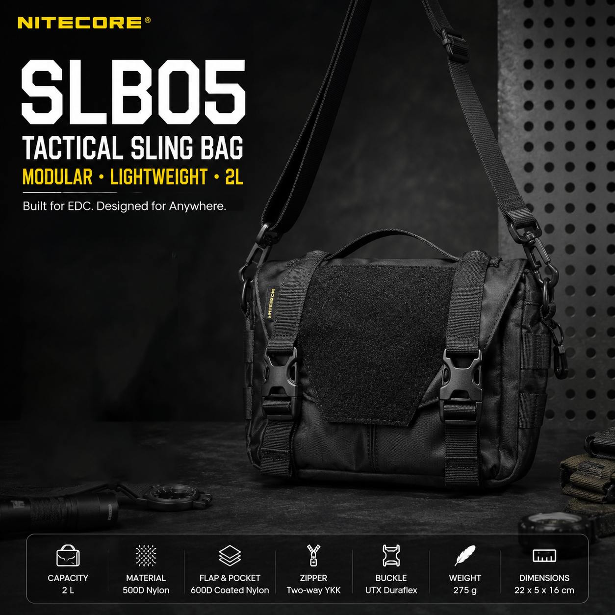 NITECORE Tas Sling Bag Tactical Modular Lightweight 500D Nylon 2L - SLB05
