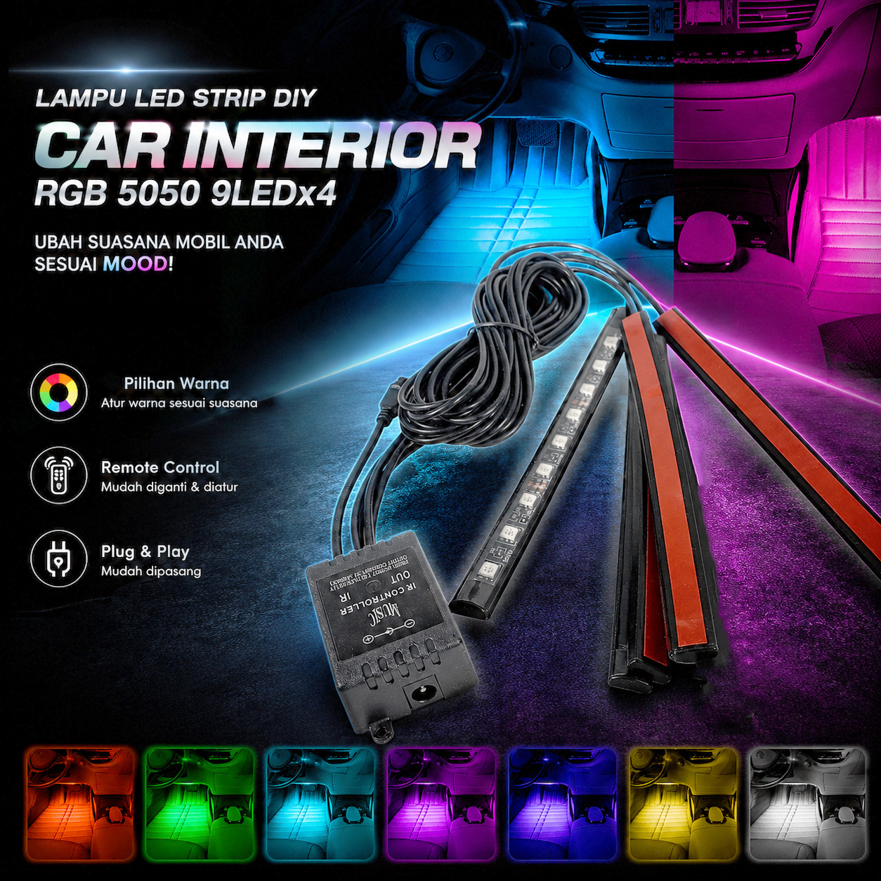 SAARMAT Lampu LED Strip Car Interior Light 5050 RGB dan Remot Kontrol - APWD1