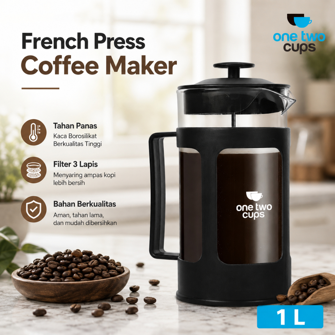 One Two Cups French Press Coffee Maker Pot Plunger Borosilicate Glass - FN35