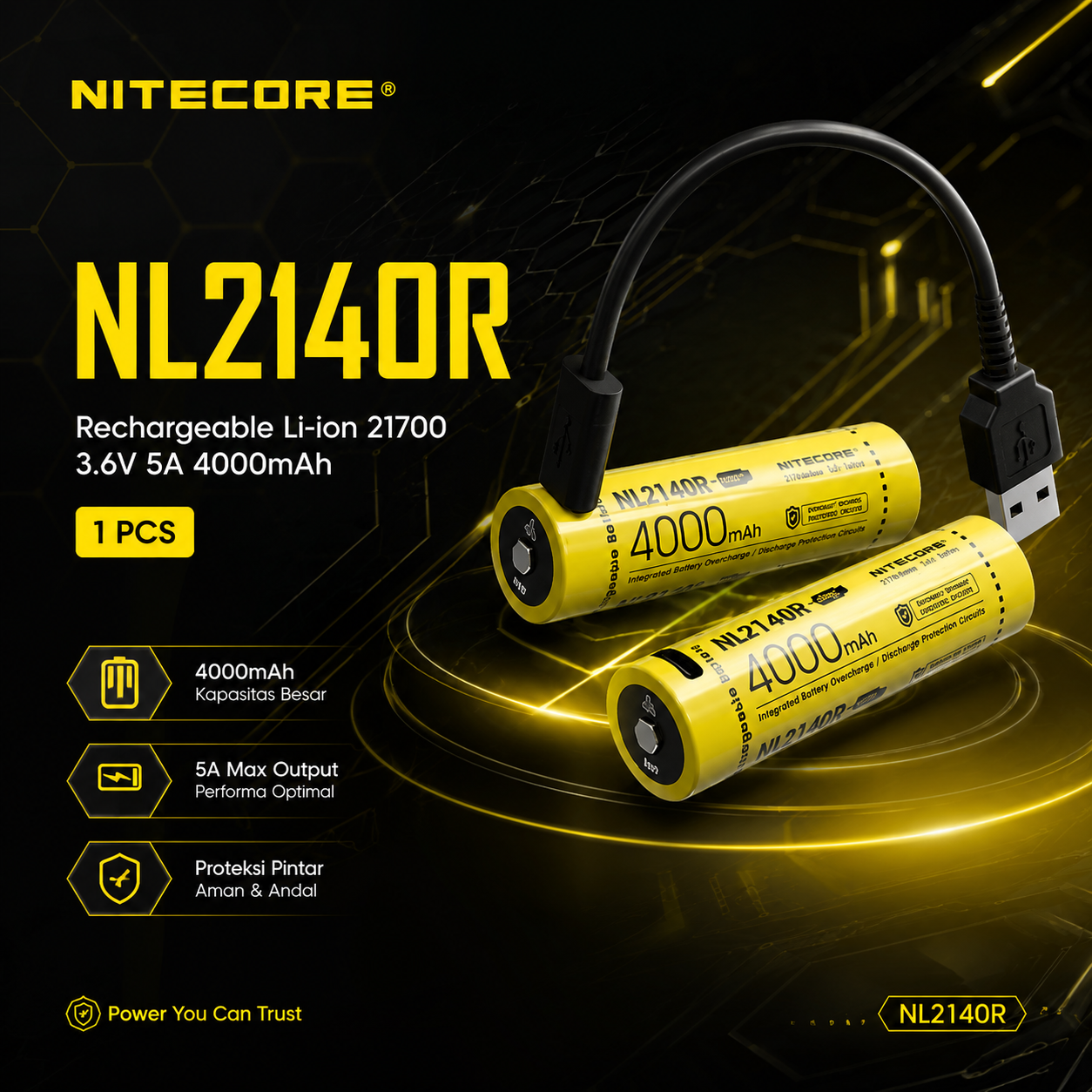 NITECORE Baterai Isi Ulang 21700 Recharge Li-ion 3.6V 5A 4000mAh 1 PCS - NL2140R