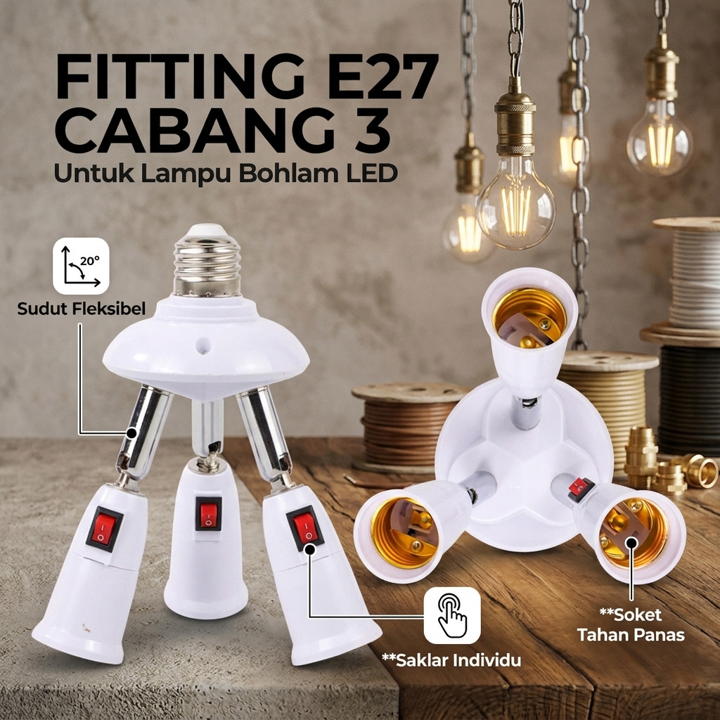 TaffLED Fitting Lampu Bohlam Studio LED Cabang 3 with Switch 220V E27 - HU-300