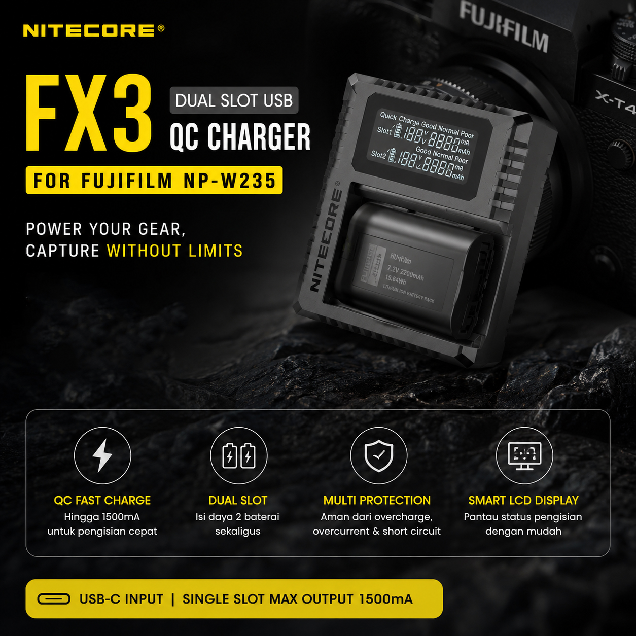 NITECORE Charger Baterai 2 Slot Fujifilm NP-W235 QC Digital Display - FX3