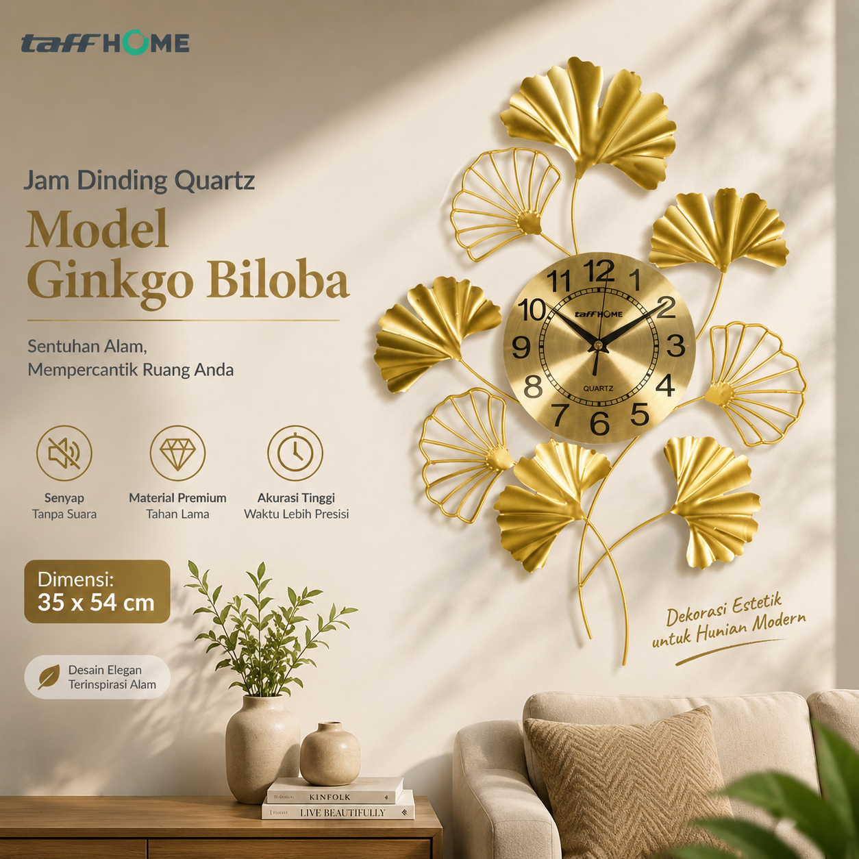 TaffHOME Jam Dinding Ginkgo Biloba Quartz Silent Movement 54cm - MW-35