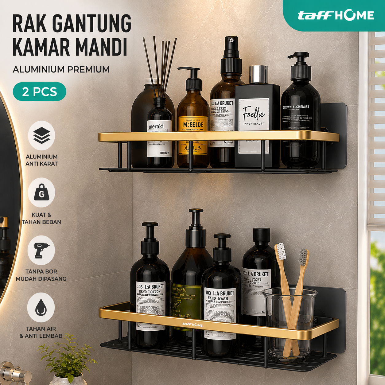 TaffHOME Rak Gantung Kamar Mandi Organizer Rack Aluminium 2 PCS - SHR241