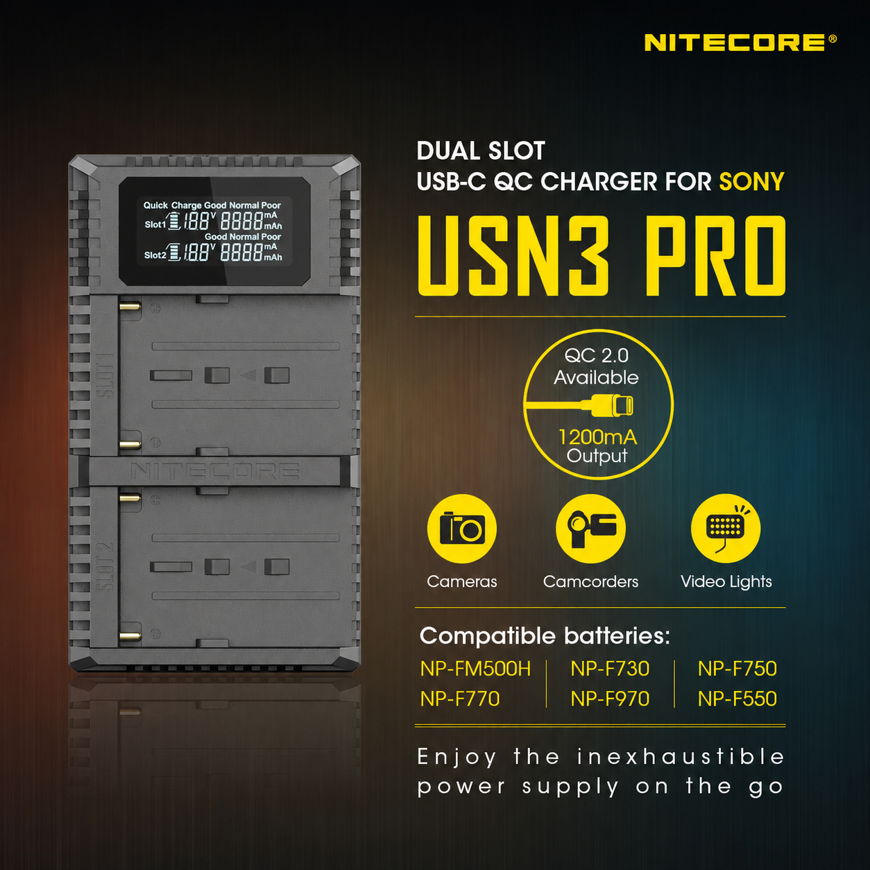 NITECORE Charger Baterai 2 Slot Sony NP-FM500H NP-F730 NP-F750 QC LCD - USN3 Pro