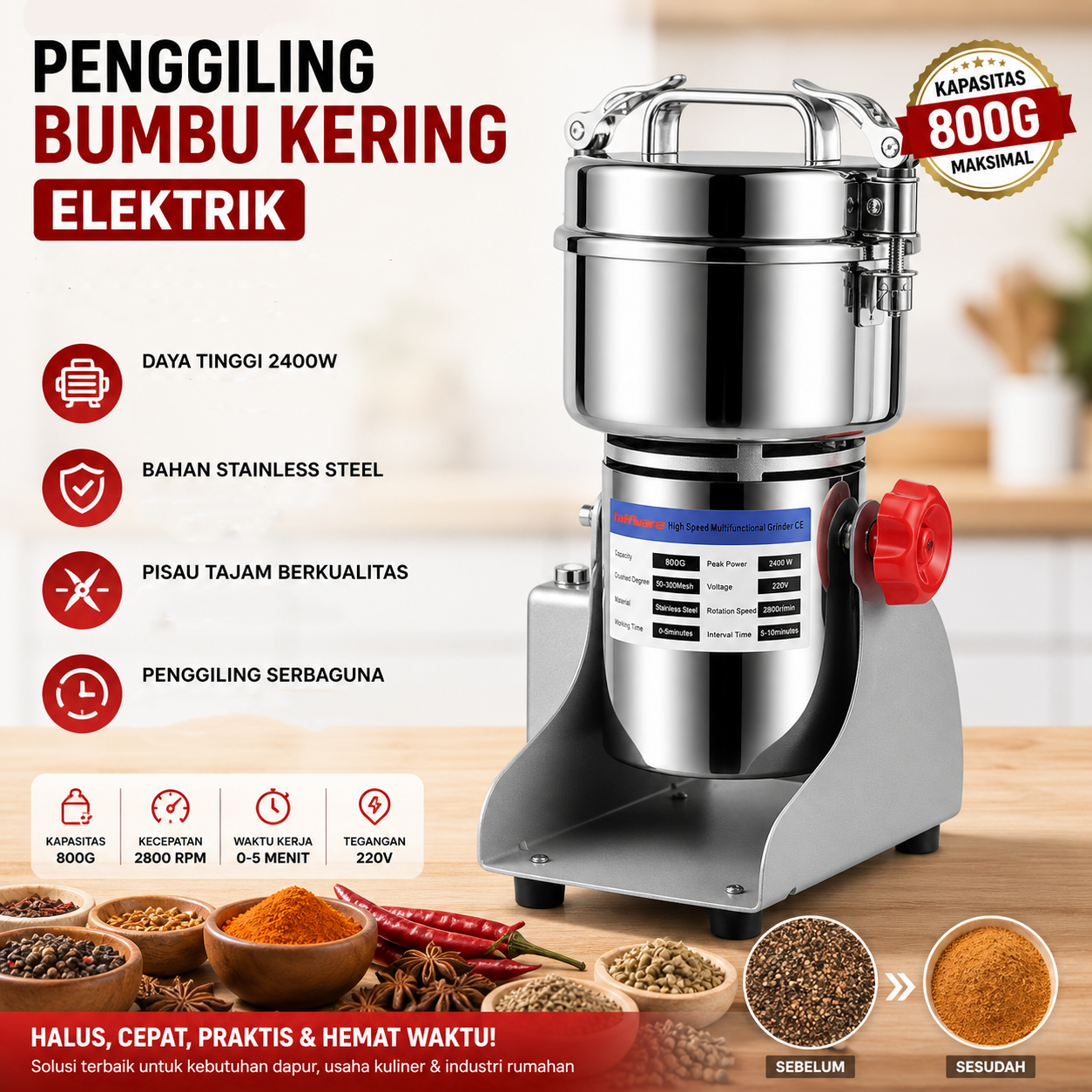 JING GONG Penggiling Bumbu Kering Elektrik Spices Grinder 800g 2400W - HC-800Y