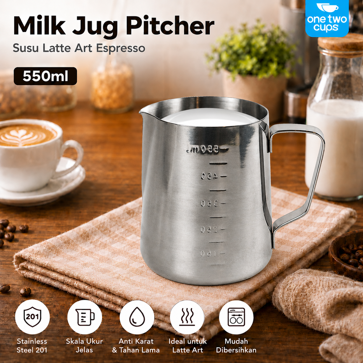 One Two Cups Milk Jug Pitcher Susu Latte Art Espresso Stainless Steel - ZM078