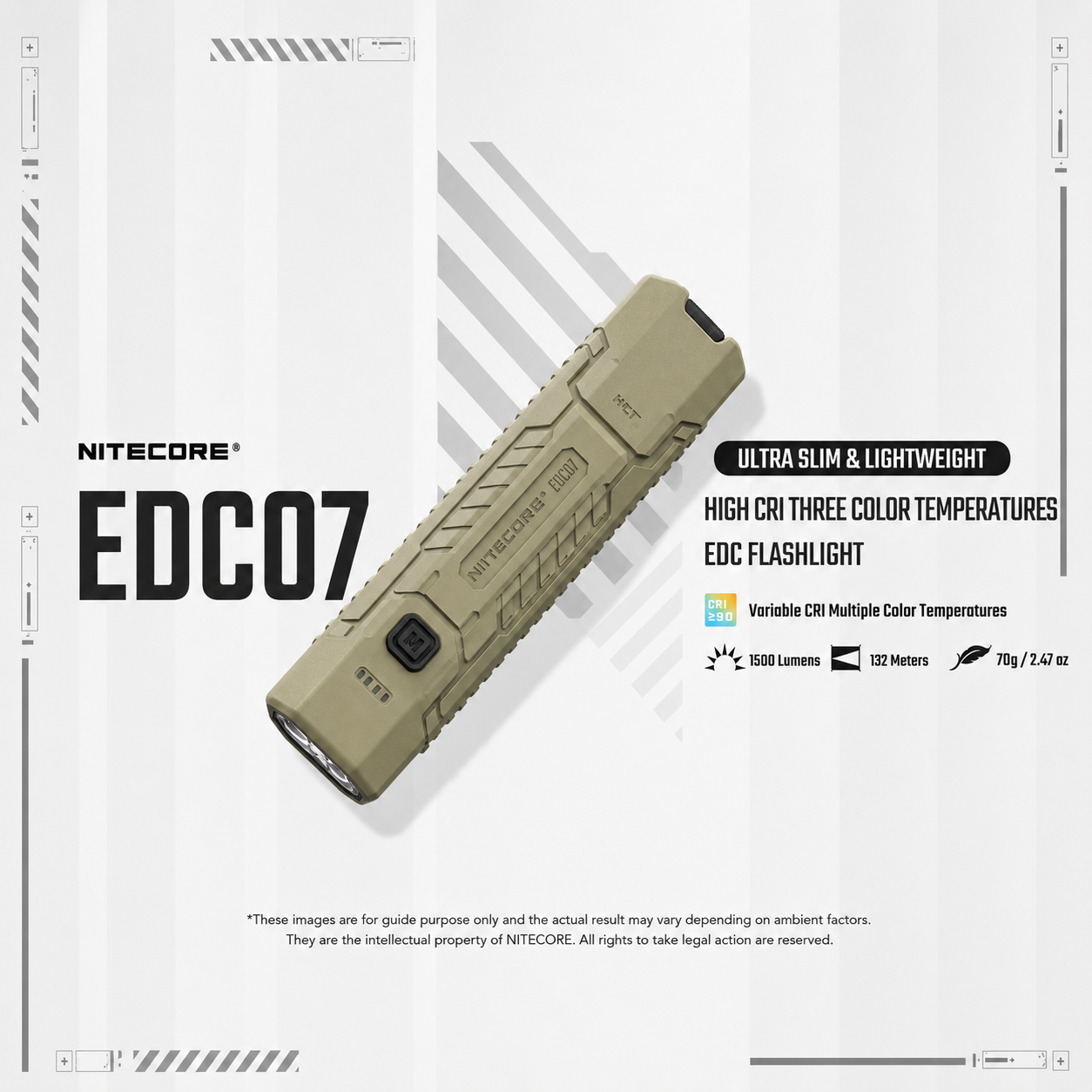 NITECORE Senter LED Flashlight 3 Color Rechargeable IP67 1500 Lumens - EDC07