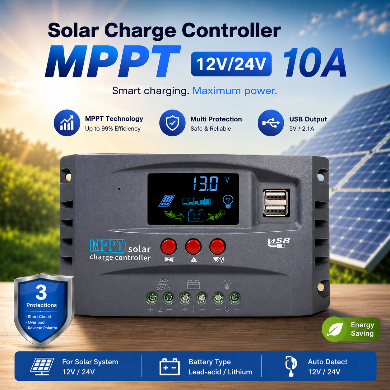 HXC Solar Charge Controller MPPT 2 USB Automatic Identify 12V/24V - HXC3