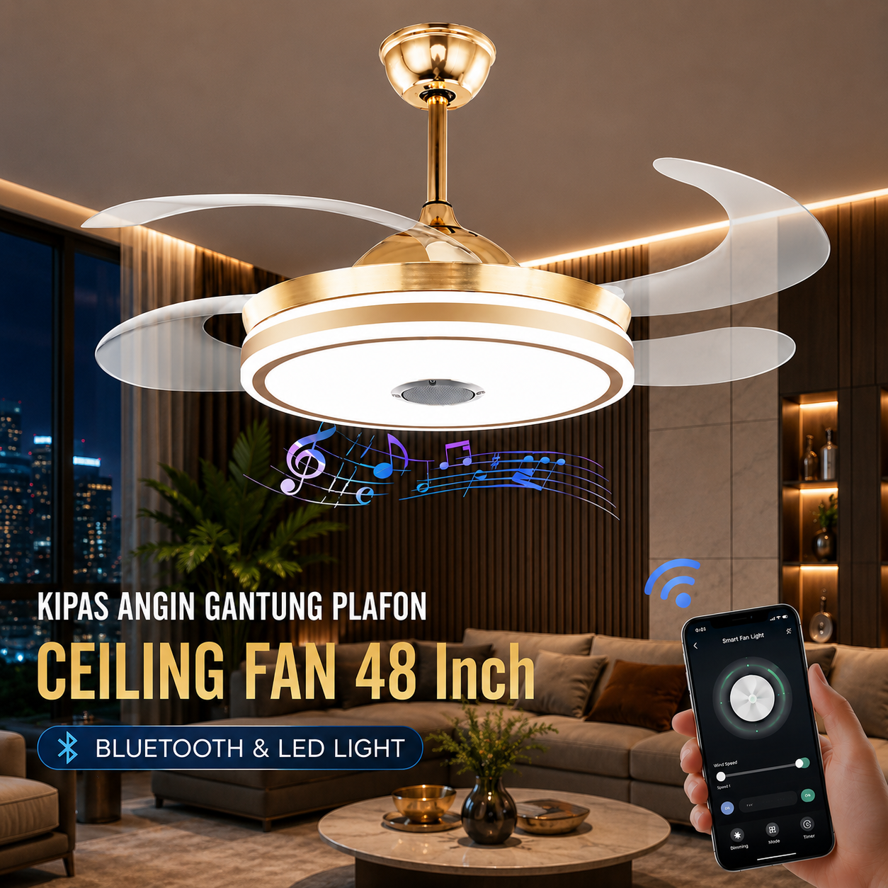 SOVE Kipas Angin Gantung Plafon Ceiling Fan 6 Speed LED Bluetooth - SW-84