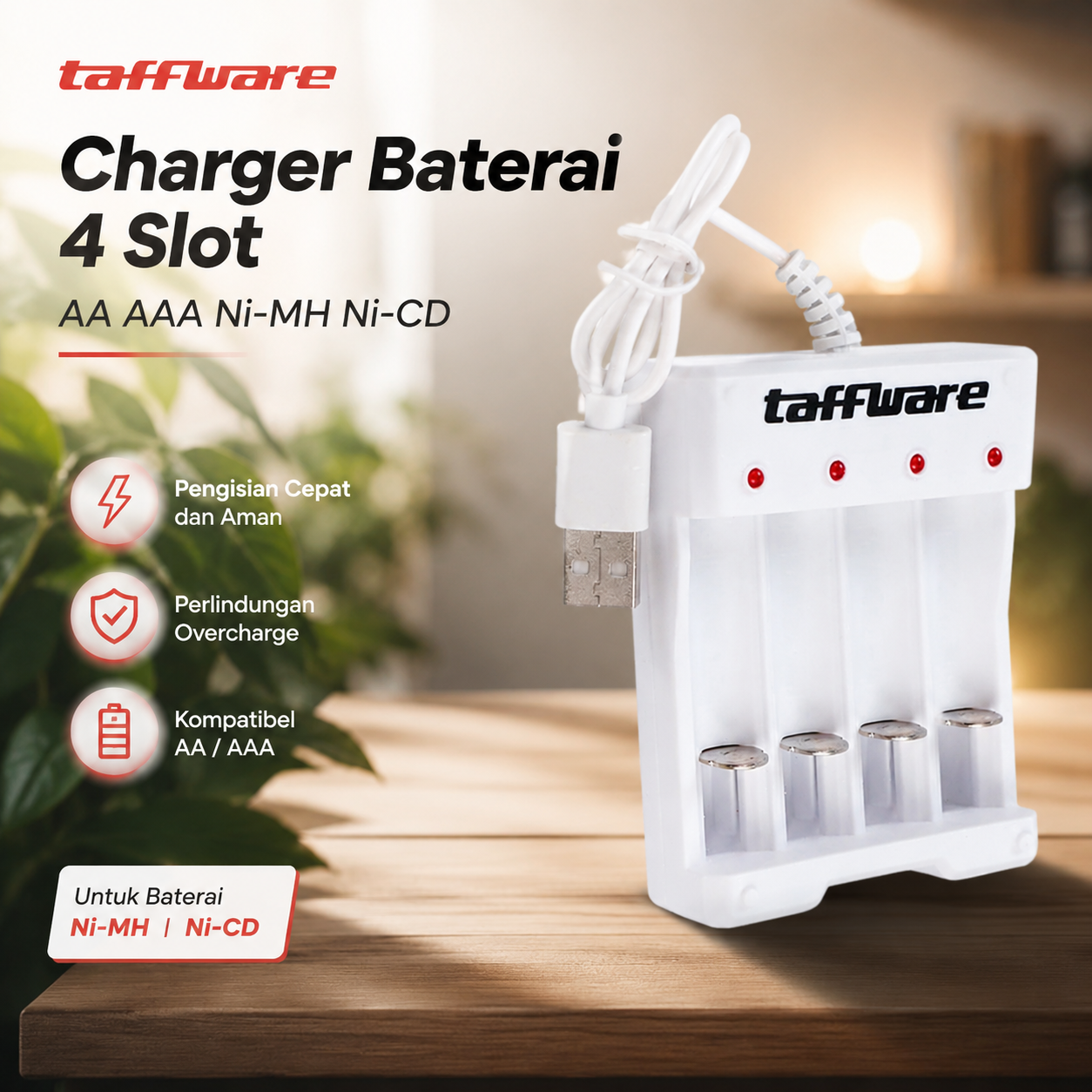 Taffware Charger Baterai 4 Slot AA AAA Ni-MH Ni-CD USB Plug - B-04