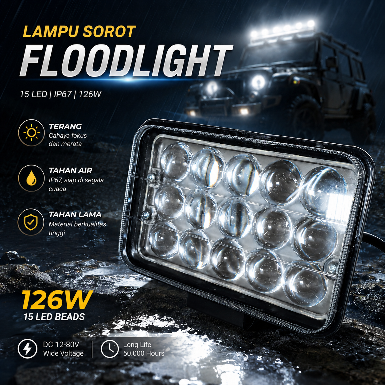 Xianyi Lampu Sorot Tembak Floodlight Natural White 15 LED IP67 45W - SDL1846