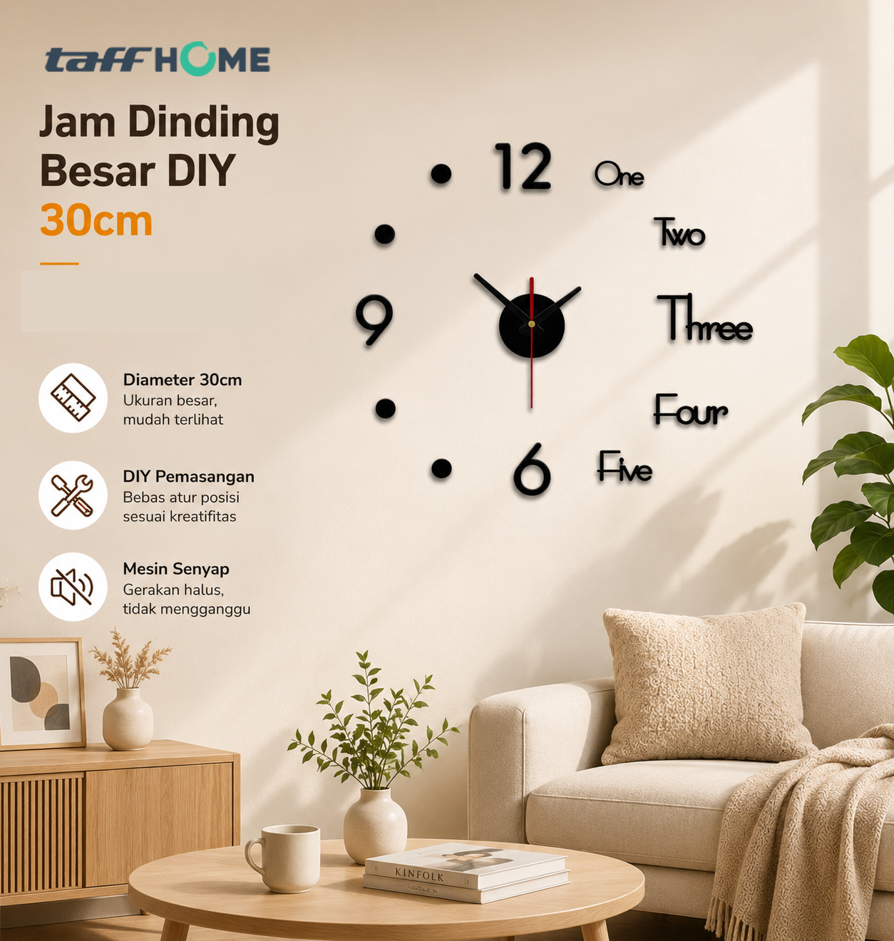 TaffHOME Jam Dinding Bulat DIY Quartz Silent Movement 30cm - VO-103
