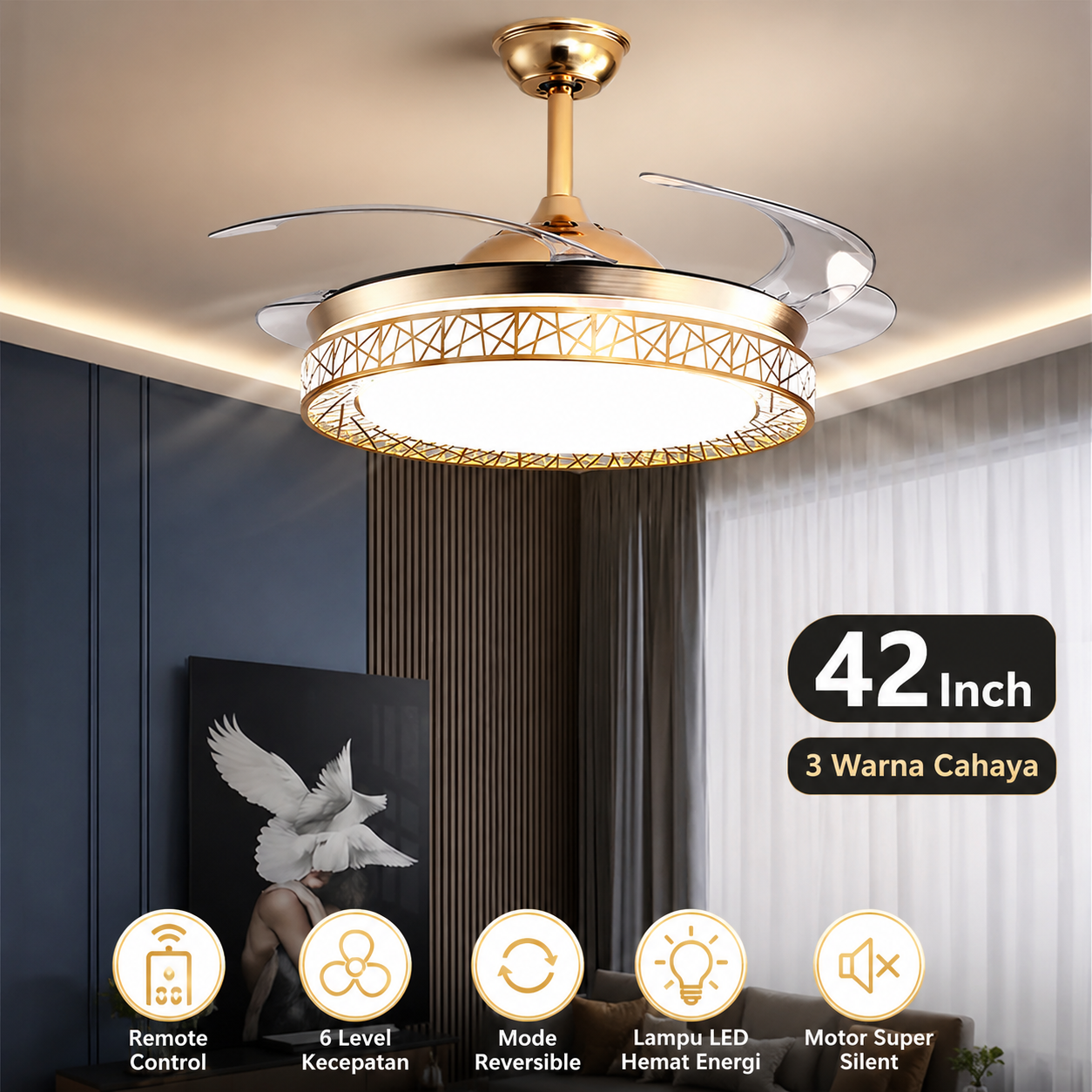 SOVE Kipas Angin Gantung Plafon Ceiling Fan 6 Speed Reversible LED - FD9-B