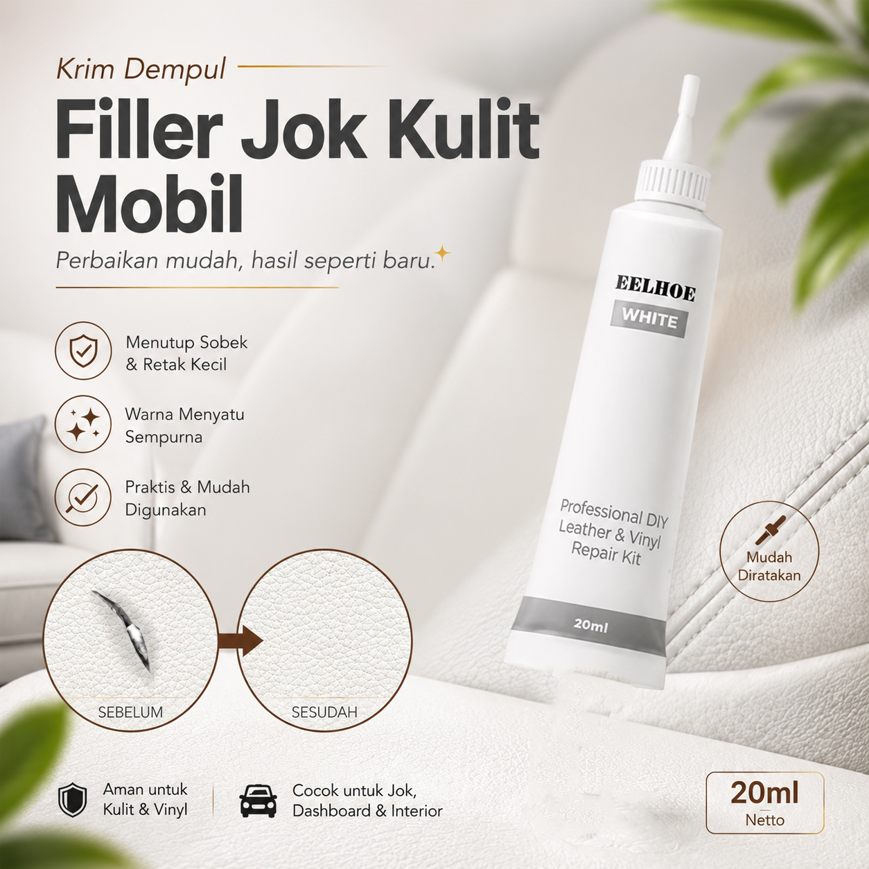 EELHOE Krim Dempul Filler Reparasi Jok Kulit Mobil Repair Liquid 20ml - G-919