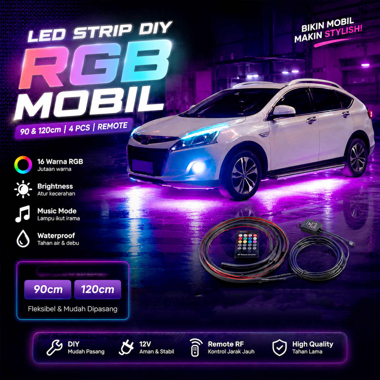 JIAMEN Lampu LED Strip RGB Mobil 90 dan 120cm 4 PCS with Remote - JIA4