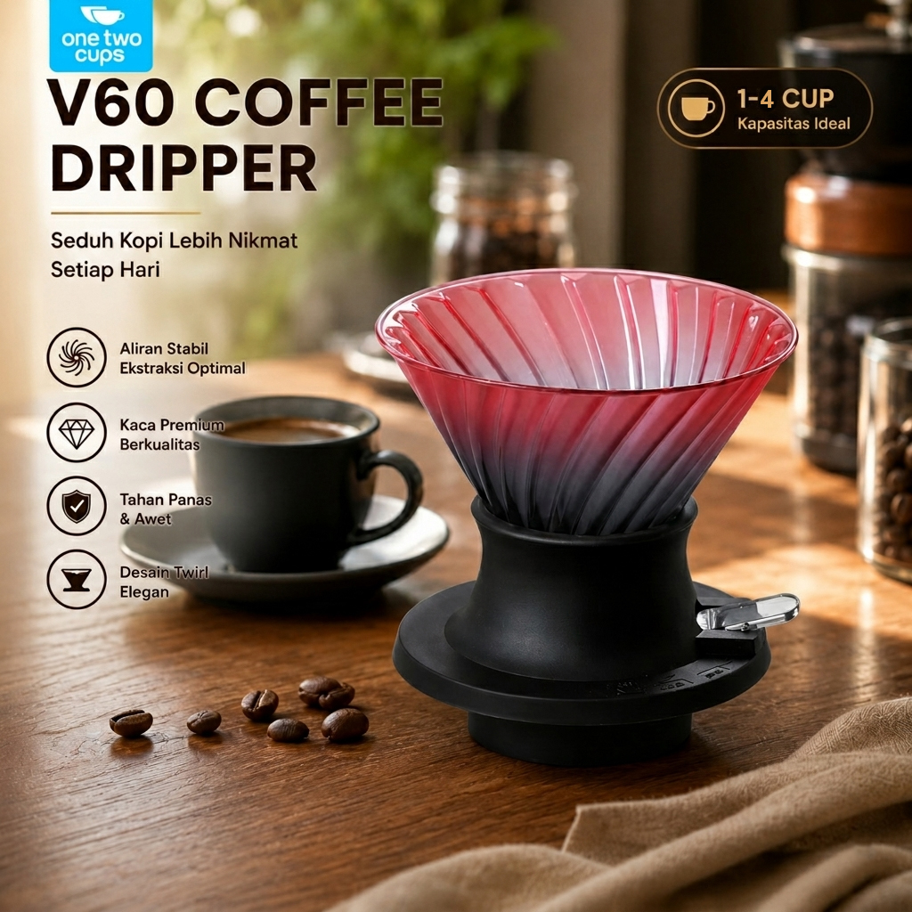 One Two Cups V60 Coffee Dripper Alat Seduh Kopi Manual Kaca 1-4 Cup - VD-50R