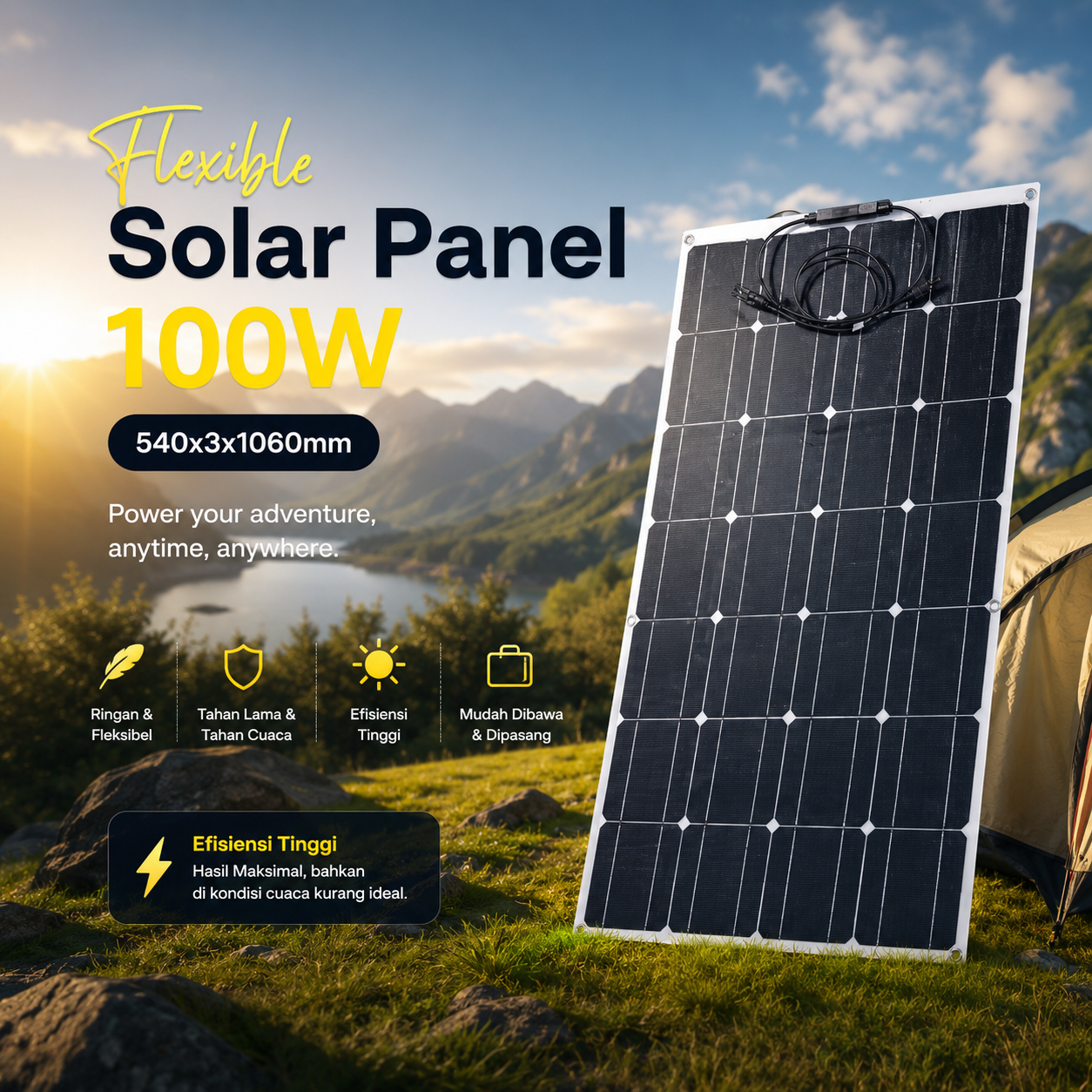 SolaBright Flexible Solar Panel Waterproof 100W 540x3x1060mm - PV-XC502