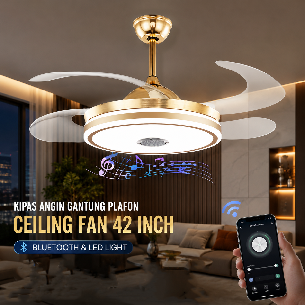 SOVE Kipas Angin Gantung Plafon Ceiling Fan 6 Speed LED Bluetooth - SW-84