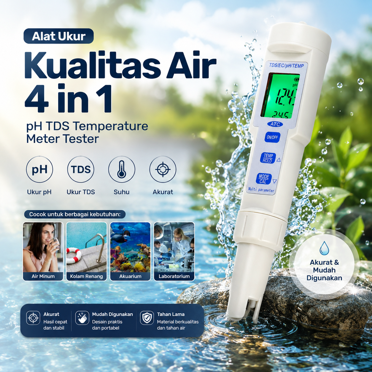 YIERYI Alat Ukur Kualitas Air 4 in 1 pH TDS Temperature Meter Tester - KT-686