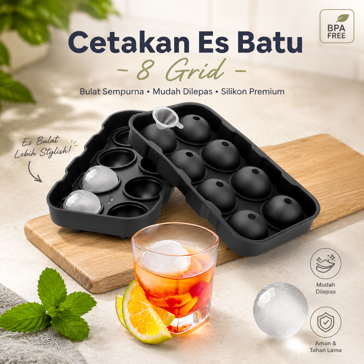 TaffHOME Cetakan Es Batu Silikon Bulat 8 Grid Ice Cube Mold - DB89