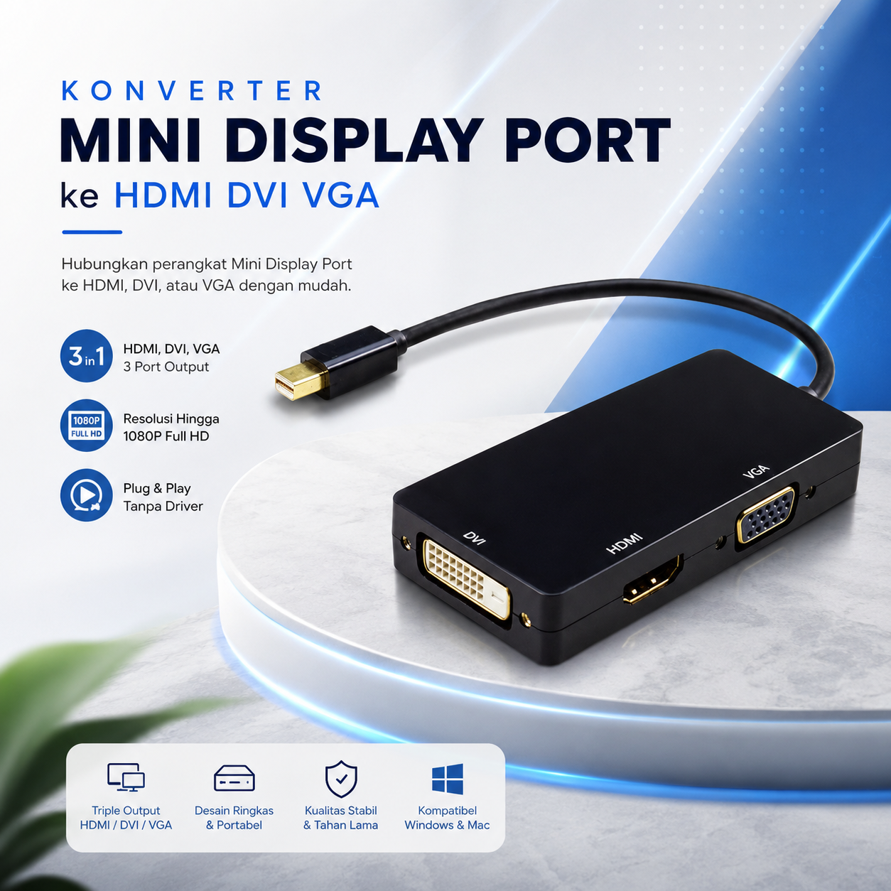 Konverter Mini Display Port ke HDMI/DVI/VGA (Thunderbolt Compatible) - M-1I3