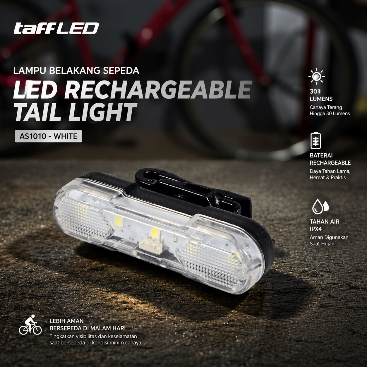 TaffLED Lampu Belakang Sepeda LED Rechargeable Tail Light 30 Lumens - AS1010