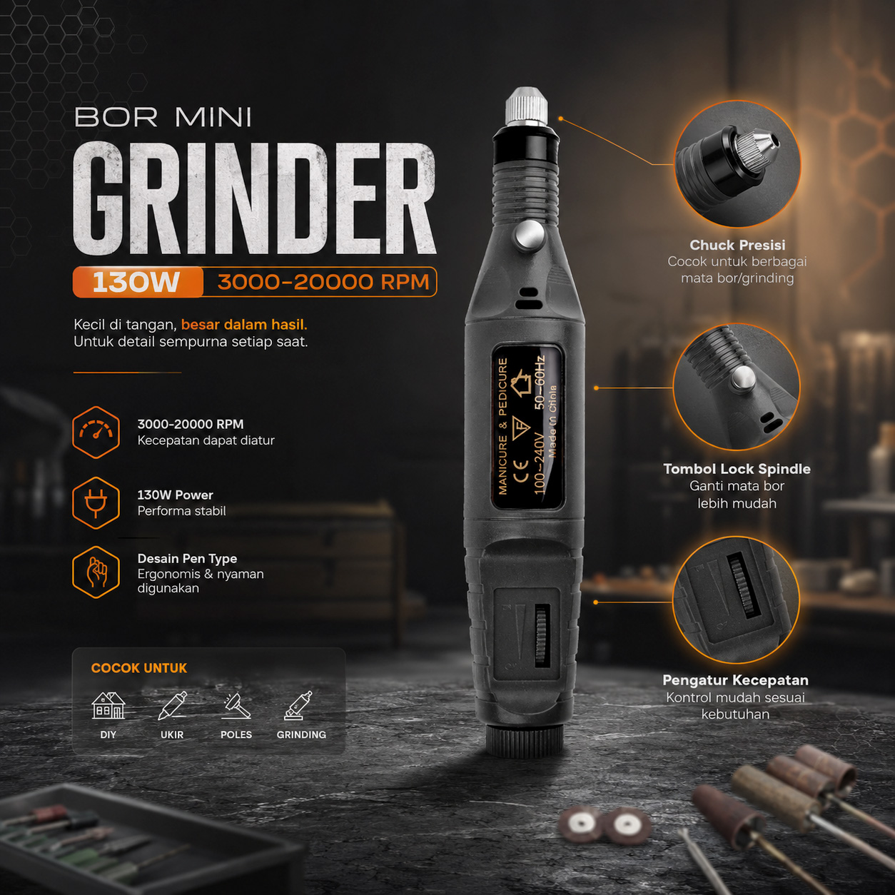 XINGWEIQIANG Bor Mini Grinder Polishing Electric Drill Adjustable 130W - KJ005