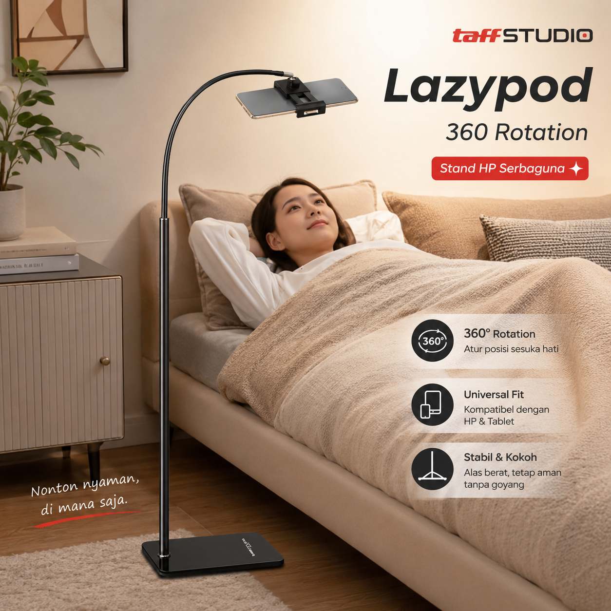 TaffSTUDIO Stand HP Lazypod 360 Rotation Adjustable Phone Holder - GH027