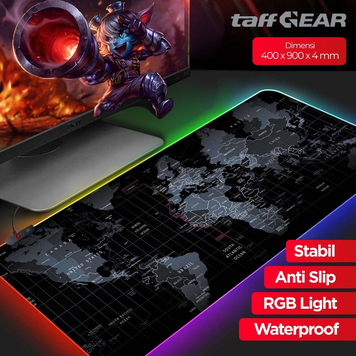 TaffGEAR Mouse Pad Gaming XL RGB LED Peta Dunia Desk Mat - GMS-WT-5