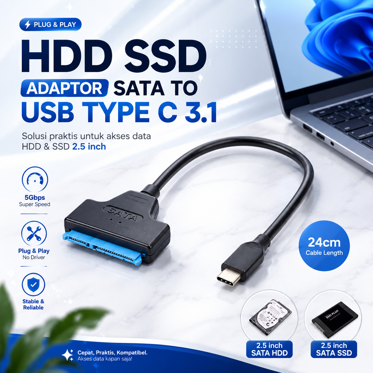 Yiwa HDD SSD Adaptor SATA to USB Type C 3.1 30cm - YW-4072
