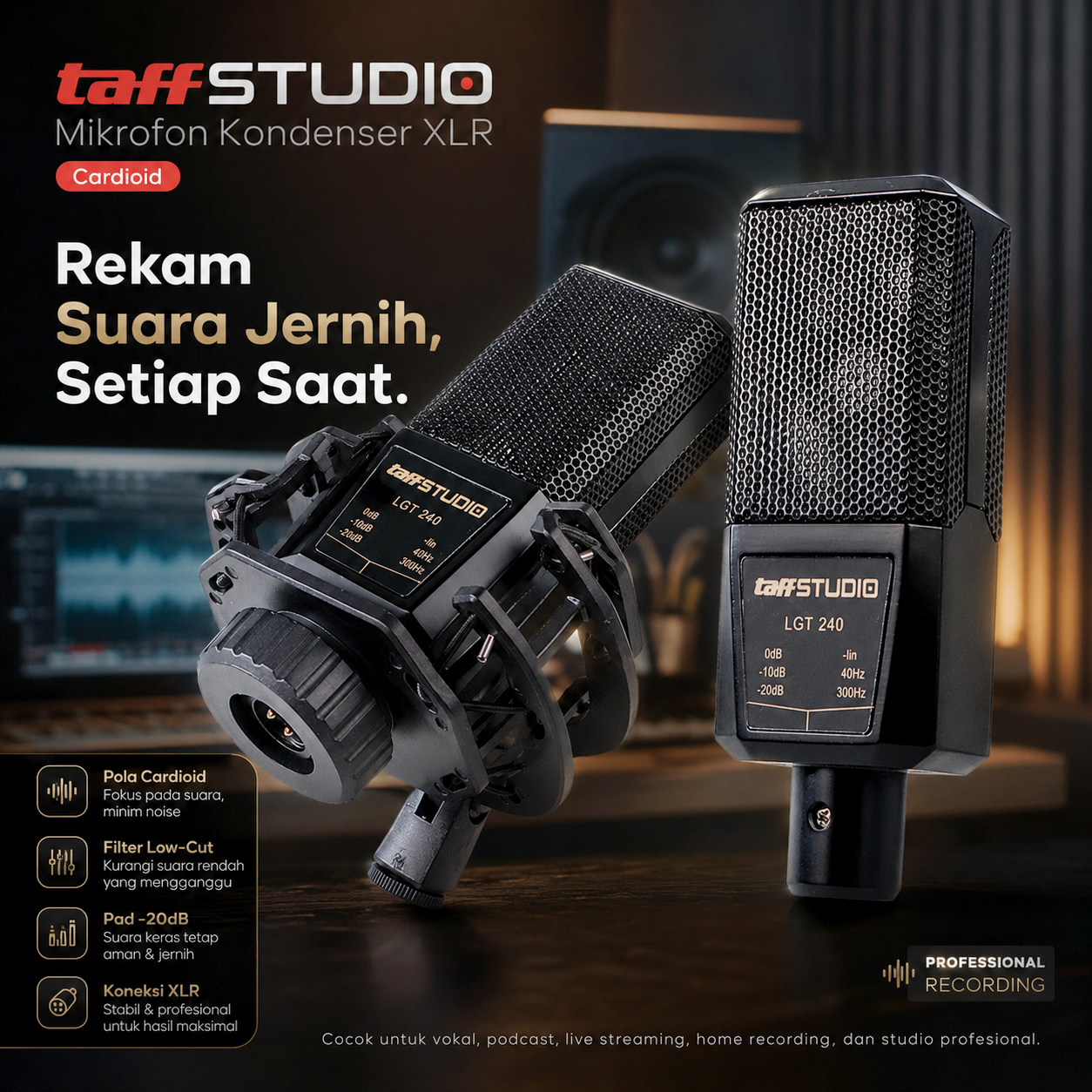 TaffSTUDIO Mikrofon Kondenser XLR Condenser Microphone with Holder - LGT240