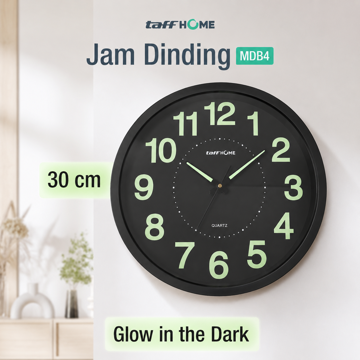 TaffHOME Jam Dinding Bulat Quartz Luminous Glow in The Dark 30cm