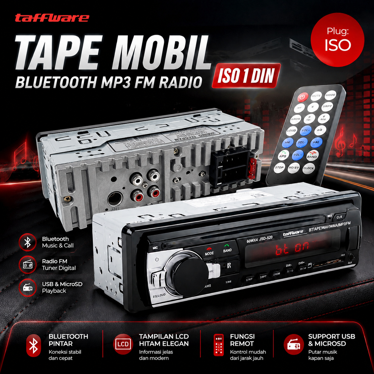 Taffware Tape Mobil Audio Multifungsi Bluetooth MP3 FM Radio ISO 1 DIN - JSD-520