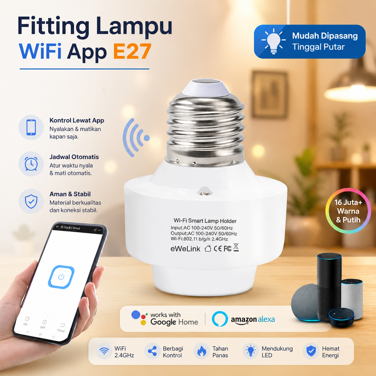 Yiweiilan Fitting Lampu Pintar Smart Lamp Socket Remote Mobile App E27 - DT0008
