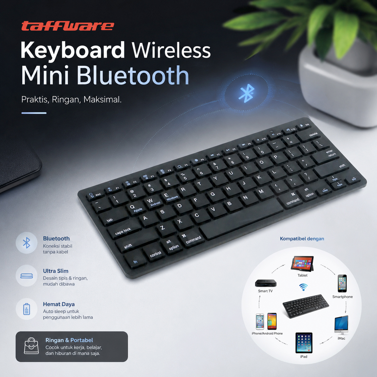 Taffware Keyboard Bluetooth Wireless Portable iOS Android Windows PC - BK3001