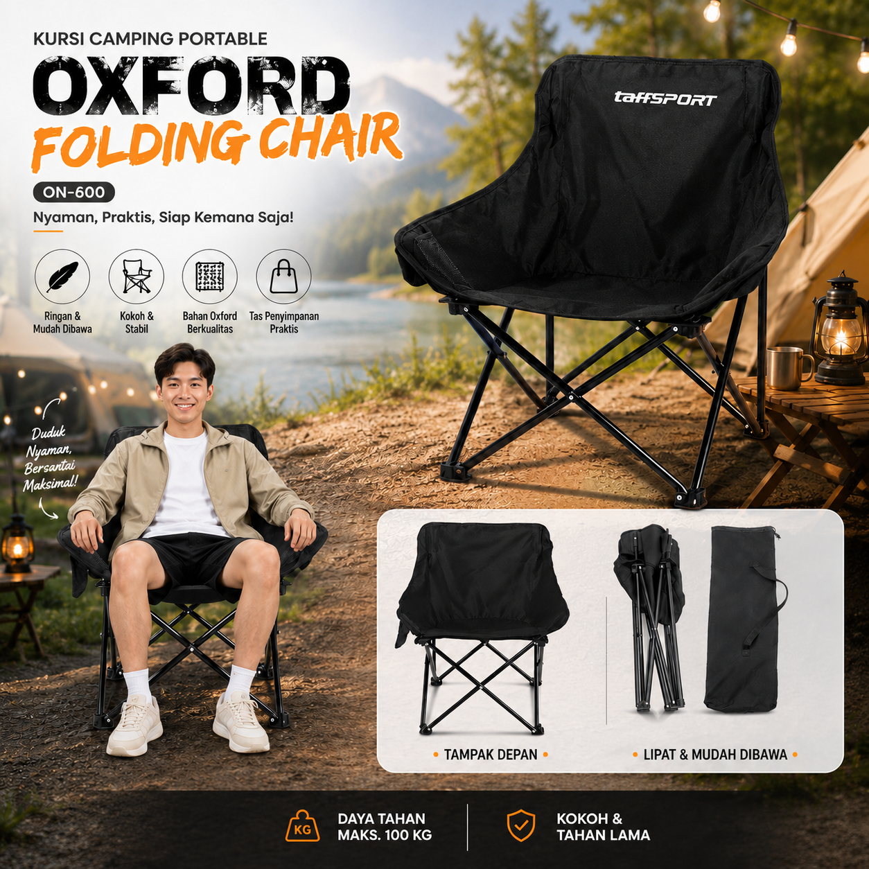 TaffSPORT Kursi Lipat Outdoor Camping Foldable Chair with Pocket - ON-600