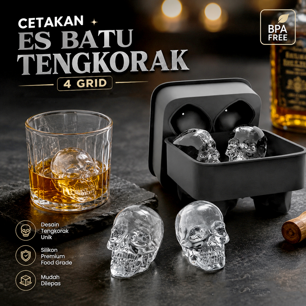 TaffHOME Cetakan Es Batu Silikon Tengkorak 4 Grid Ice Cube Mold - SKL142