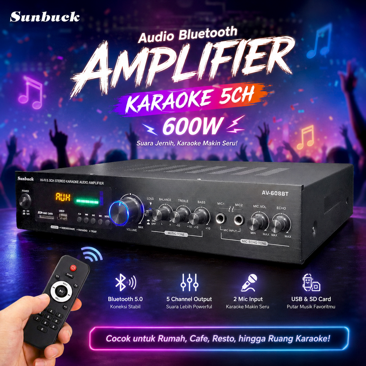 Sunbuck Audio Bluetooth Amplifier Karaoke 5CH 600W - AV-608BT