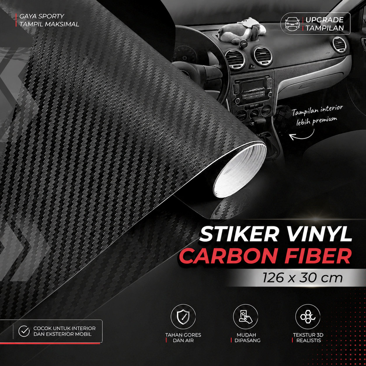 Stiker Vinyl Carbon Fiber Mobil Car Wrap 3D Multifungsi 126 x 30 cm