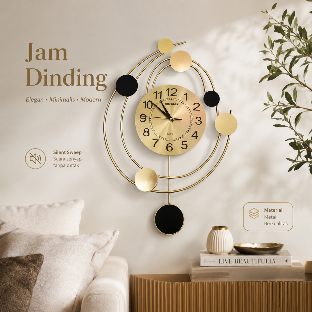 TaffHOME Jam Dinding Quartz Iron Luxury Nordic Style 66cm - SF126888