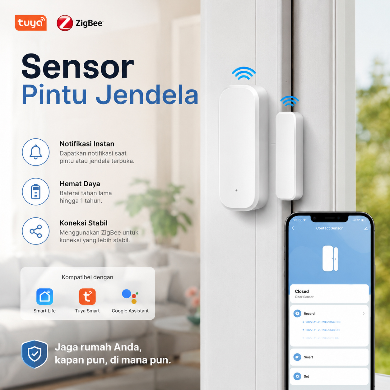 Aubess Sensor Pintu Jendela ZigBee Tuya Smart Wireless Detector - AU24