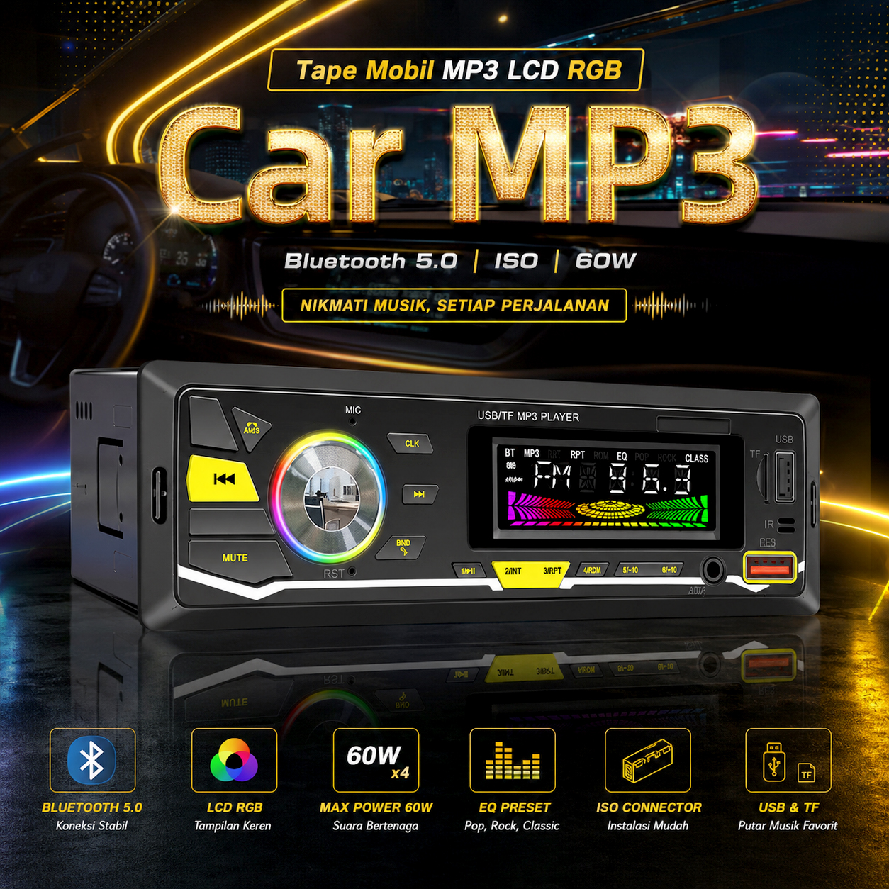 Wistrue Tape Mobil Audio MP3 Player LCD RGB Bluetooth 5.1 ISO Plug 60W - 2225