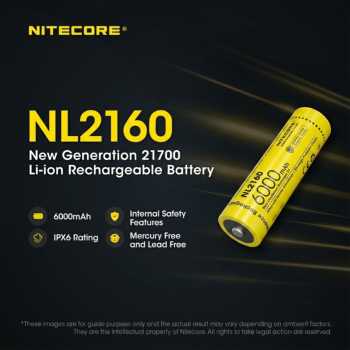 NITECORE Baterai Isi Ulang 21700 Li-Ion Button Top 6000 mAh 3.6V 1 PCS - NL2160
