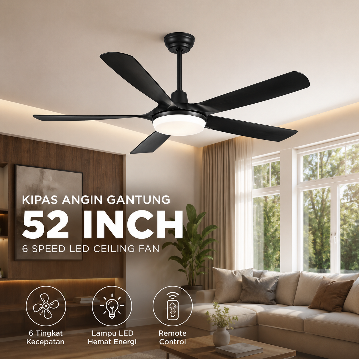 YUHAO Kipas Angin Gantung Lampu LED Tri Color with Remote 52 Inch - SOTF-011503