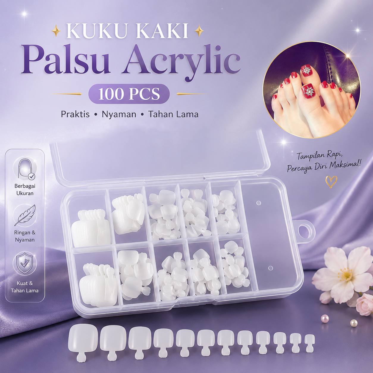 Biutte.co Kuku Kaki Palsu Tempel Fake Toenails Acrylic Nail Art 100PCS - SB-10