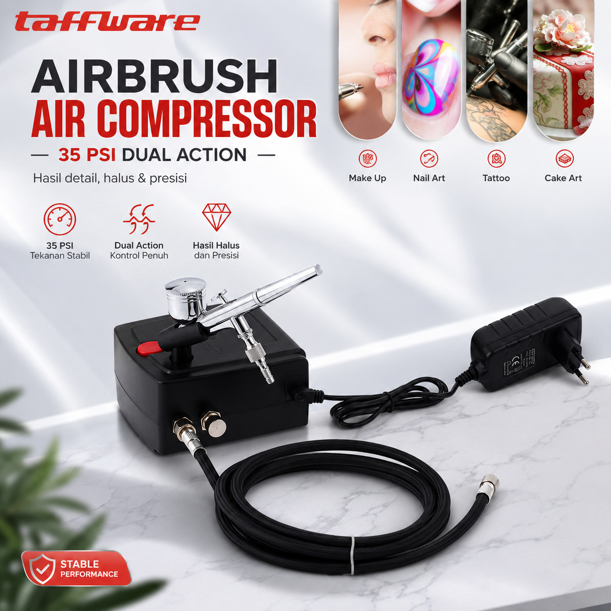 Taffware Airbrush Air Compressor Tatto Nail Art 35 PSI Dual Action - T-100