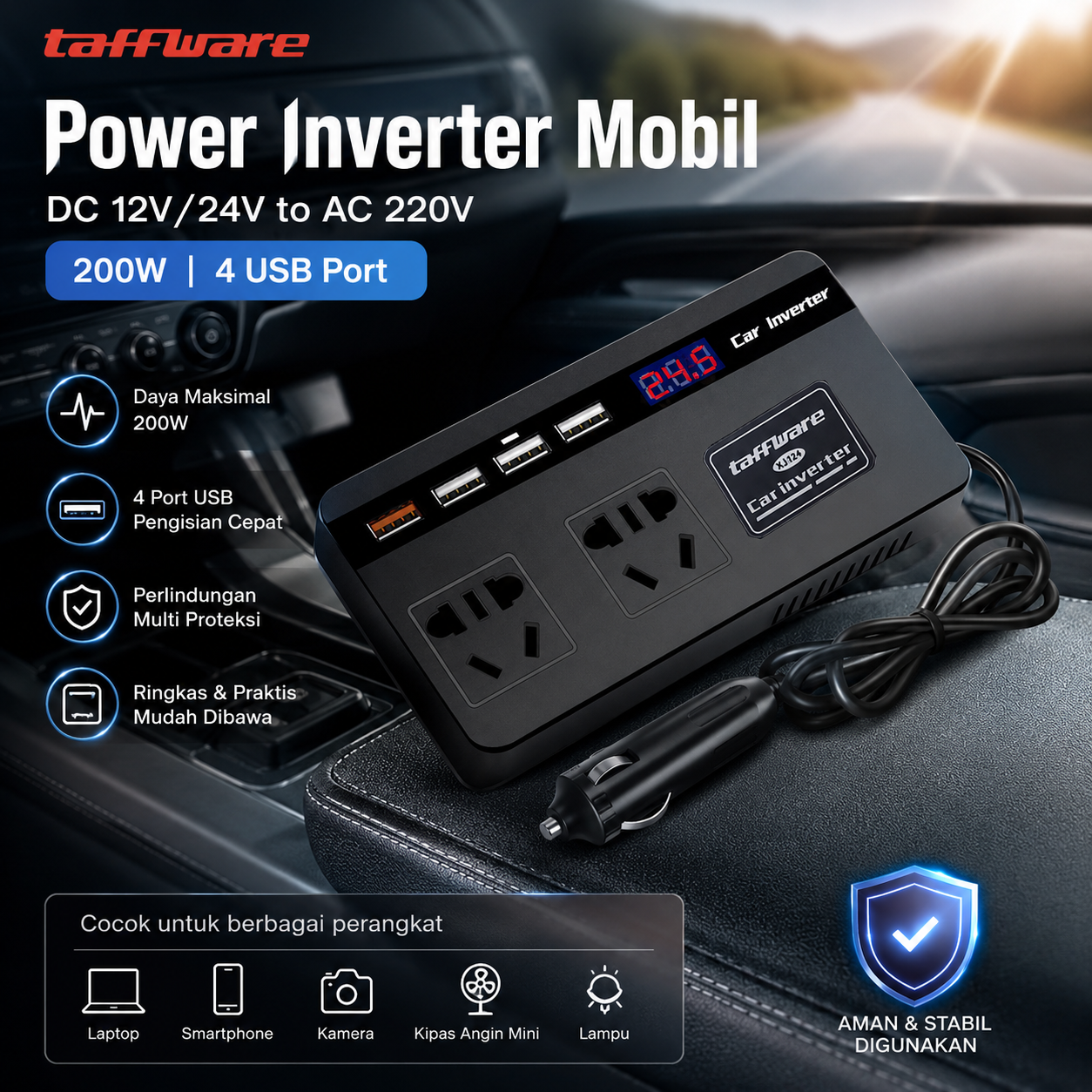 PU LI HAO Car Power Inverter DC 12V/24V to DC 220V 200W 4 USB Port - XJ124